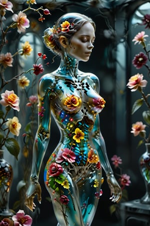 1girl,solo,"Transparent glass female cyborg. Skeleton and organs made of vibrant flowers. Mechanical joints visible. Heart of roses, lungs of hydrangeas, brain of orchids. Flowers spilling from slight cracks. Soft backlighting emphasizing transparency. Elegant pose. Simple futuristic background. Photorealistic style with high detail on glass and floral elements.",Clear Glass Skin,tranzp,Flower queen