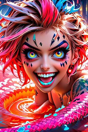 pretty girl, (face tattooed with patterns), colorful eyes, hyper realistic masterpiece in pastel and neon colors, beautiful 3d realistic anime woman, perfect face, smoky atmosphere, hyper realistic masterpiece, hyper realistic 3d anime vampire woman, (showing teeth and big fangs) (cute smile), dressed in black and red, (luminous platinum white hair), (pale white skin), visible particles, light from behind, hyper realistic detailed lighting, hyper realistic shadows hyper realistic masterpiece, high contrast water pastel color blending, sharp focus, digital painting, pastel blending art, digital art, clean art, contrast color, contrast, colorful, deep intense color, studio lighting, dynamic light, deliberate, concept art, high contrast light, strong backlight, hyper detailed, super detailed