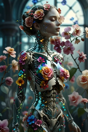 1girl,solo,"Transparent glass female cyborg. Skeleton and organs made of vibrant flowers. Mechanical joints visible. Heart of roses, lungs of hydrangeas, brain of orchids. Flowers spilling from slight cracks. Soft backlighting emphasizing transparency. Elegant pose. Simple futuristic background. Photorealistic style with high detail on glass and floral elements.",Clear Glass Skin,tranzp,Flower queen