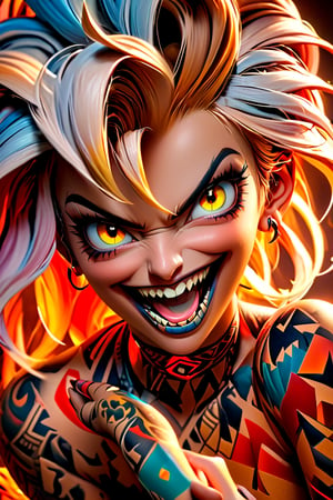 pretty girl, ((face tattooed with geometric patterns)), colorful eyes, hyper realistic masterpiece whith luminous gold and white colors, beautiful 3d realistic anime woman, perfect face, smoky dark atmosphere, hyper realistic masterpiece, hyper realistic 3d anime woman, (showing big fangs) (cute smile), dressed in black and red, ((luminous white hair)), (pale white skin), visible particles, light from behind, hyper realistic detailed lighting, hyper realistic shadows hyper realistic masterpiece, high contrast, sharp focus, digital painting, digital art, clean art, contrast color, contrast, deep intense color, studio lighting, dynamic light, deliberate, concept art, high contrast light, strong backlight, hyper detailed, super detailed 