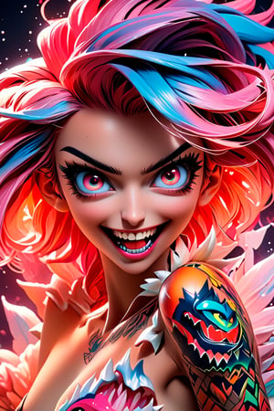 pretty girl, (face tattooed with patterns), colorful eyes, hyper realistic masterpiece in pastel and neon colors, beautiful 3d realistic anime woman, perfect face, smoky atmosphere, hyper realistic masterpiece, hyper realistic 3d anime vampire woman, showing teeth and big fangs in cute smile, dressed in black and red, with luminous platinum white hair, pale white skin, visible particles, light from behind, hyper realistic detailed lighting, hyper realistic shadows hyper realistic masterpiece, high contrast water pastel color blending, sharp focus, digital painting, pastel blending art, digital art, clean art, contrast color, contrast, colorful, deep intense color, studio lighting, dynamic light, deliberate, concept art, high contrast light, strong backlight, hyper detailed, super detailed