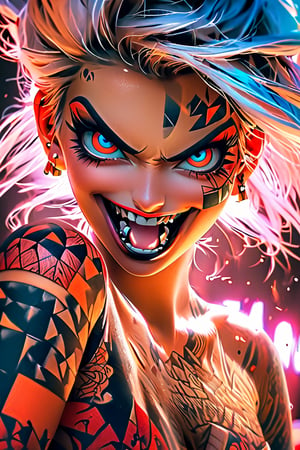pretty girl, ((face tattooed with geometric patterns)), colorful eyes, hyper realistic masterpiece whith luminous gold and white colors, beautiful 3d hyper realistic anime girl, perfect face, pretty face, smoky dark atmosphere, hyper realistic masterpiece, (showing big fangs) (cute smile), dressed in black and red, ((luminous white hair)), (pale white skin), visible particles, light from behind, hyper realistic detailed lighting, hyper realistic shadows hyper realistic masterpiece, high contrast, sharp focus, digital painting, digital art, clean art, contrast color, contrast, deep intense color, studio lighting, dynamic light, deliberate, concept art, high contrast light, strong backlight, hyper detailed, super detailed 