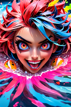 pretty girl, face tattooed with colorful patterns, colorful eyes, hyper realistic masterpiece in pastel and neon colors, beautiful 3d realistic anime woman, perfect face, smoky atmosphere, hyper realistic masterpiece of a hyper realistic 3d anime vampire woman, showing teeth in crazy smile, dressed in black and red, with luminous platinum white hair, pale white skin, visible particles, light from behind, hyper realistic detailed lighting, hyper realistic shadows hyper realistic masterpiece, high contrast water pastel color blending, sharp focus, digital painting, pastel blending art, digital art, clean art, contrast color, contrast, colorful, deep intense color, studio lighting, dynamic light, deliberate, concept art, high contrast light, strong backlight, hyper detailed, super detailed