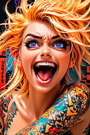 pretty girl, ((face tattooed with geometric patterns)), colorful eyes, hyper realistic masterpiece whith luminous gold and white colors, beautiful 3d realistic anime woman, perfect face, smoky dark atmosphere, hyper realistic masterpiece, hyper realistic 3d anime vampire woman, (showing big fangs) (cute smile), dressed in black and red, ((luminous white hair)), (pale white skin), visible particles, light from behind, hyper realistic detailed lighting, hyper realistic shadows hyper realistic masterpiece, high contrast, sharp focus, digital painting, digital art, clean art, contrast color, contrast, deep intense color, studio lighting, dynamic light, deliberate, concept art, high contrast light, strong backlight, hyper detailed, super detailed 