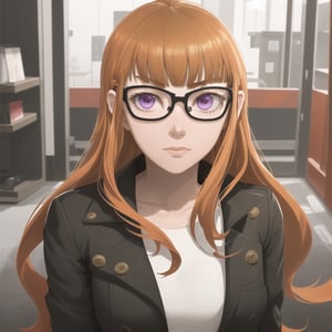 Persona 5, Futaba , long orange hair, purple eyes, orange hair, cute face, orange hair, glasses 