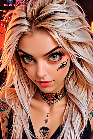 pretty girl, ((face tattooed with geometric patterns)), colorful eyes, hyper realistic masterpiece whith luminous gold and white colors, beautiful 3d realistic anime woman, perfect face, smoky dark atmosphere, hyper realistic masterpiece, hyper realistic 3d anime vampire woman, (showing big fangs) (cute smile), dressed in black and red, ((luminous white hair)), (pale white skin), visible particles, light from behind, hyper realistic detailed lighting, hyper realistic shadows hyper realistic masterpiece, high contrast, sharp focus, digital painting, digital art, clean art, contrast color, contrast, deep intense color, studio lighting, dynamic light, deliberate, concept art, high contrast light, strong backlight, hyper detailed, super detailed 