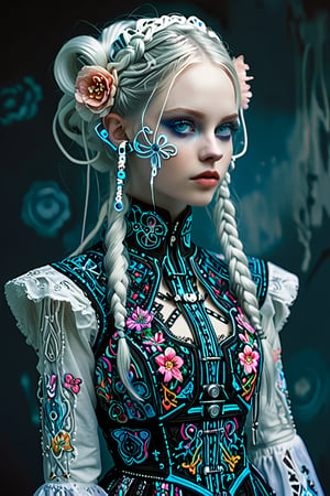 girl, elf with smook, Nordic beautiful girl:1.2,(Pure white long Pigtail),(Wearing gas mask),
Picture a mesmerizing fusion where the rich heritage of Hmong ethnic attire,Embroidery that emits light with Led, elf ear,
 intertwines with the enchanting world of Cyber Lolita fashion garment, a visual symphony, showcases vibrant cross-stitch patterns reminiscent of Hmong craftsmanship, meticulously stitched in an array of colors, dress flows gracefully, embracing the whimsical elegance of Lolita fashion with lace, bows, and layers,  Each detail a brushstroke in this vibrant canvas, tells a story of cultural richness cyberpunk,Flower queen,colorful,Realistic Blue Eyes,circuitboard