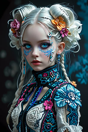 girl, elf with smook, Nordic beautiful girl:1.2,(Pure white long Pigtail),(Wearing gas mask),
Picture a mesmerizing fusion where the rich heritage of Hmong ethnic attire,Embroidery that emits light with Led, elf ear,
 intertwines with the enchanting world of Cyber Lolita fashion garment, a visual symphony, showcases vibrant cross-stitch patterns reminiscent of Hmong craftsmanship, meticulously stitched in an array of colors, dress flows gracefully, embracing the whimsical elegance of Lolita fashion with lace, bows, and layers,  Each detail a brushstroke in this vibrant canvas, tells a story of cultural richness cyberpunk,Flower queen,colorful,Realistic Blue Eyes,circuitboard