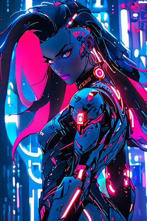 Girl, mdjrny-v4 Cyberpunk Soldier, gorgeous, princess, carbon fiber, neon white and red cybernetic armor, trimmed neon Steel, straight hair, goddess, hyper detailed, ((gorgeous detailed face)), ((beautiful detailed eyes)), galaxy eyes, 8k, symmetric, complimentary colors, insanely detailed, ultra sharp focus, elegance, majestic, masterpiece, complex, elegant, expansive, fantastical, Essence, golden ratio, high quality model, cinematic lighting, beautiful landscape, volumetric lighting, concept art, perfection, rich deep colors, Rim Lighting, Soft Lighting