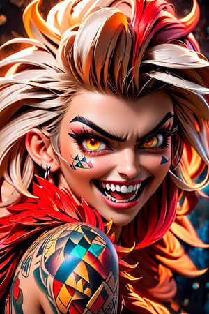 pretty girl, ((face tattooed with geometric patterns)), colorful eyes, hyper realistic masterpiece whith luminous gold and white colors, beautiful 3d realistic anime woman, perfect face, smoky dark atmosphere, hyper realistic masterpiece, hyper realistic 3d anime vampire woman, (showing big fangs) (cute smile), dressed in black and red, ((luminous white hair)), (pale white skin), visible particles, light from behind, hyper realistic detailed lighting, hyper realistic shadows hyper realistic masterpiece, high contrast, sharp focus, digital painting, digital art, clean art, contrast color, contrast, deep intense color, studio lighting, dynamic light, deliberate, concept art, high contrast light, strong backlight, hyper detailed, super detailed 