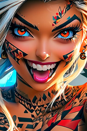 pretty girl, ((face tattooed with geometric patterns)), colorful eyes, hyper realistic masterpiece whith luminous gold and white colors, beautiful 3d hyper realistic anime girl, perfect face, pretty face, smoky dark atmosphere, hyper realistic masterpiece, (showing big fangs) (cute smile), dressed in black and red, ((luminous white hair)), (pale white skin), visible particles, light from behind, hyper realistic detailed lighting, hyper realistic shadows hyper realistic masterpiece, high contrast, sharp focus, digital painting, digital art, clean art, contrast color, contrast, deep intense color, studio lighting, dynamic light, deliberate, concept art, high contrast light, strong backlight, hyper detailed, super detailed 