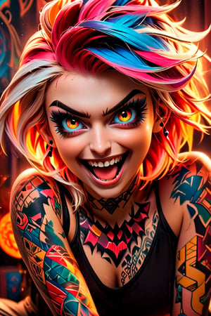 pretty girl, ((face tattooed with geometric patterns)), colorful eyes, hyper realistic masterpiece whith luminous gold and white colors, beautiful 3d realistic anime woman, perfect face, smoky dark atmosphere, hyper realistic masterpiece, hyper realistic 3d anime vampire woman, (showing big fangs) (cute smile), dressed in black and red, ((luminous white hair)), (pale white skin), visible particles, light from behind, hyper realistic detailed lighting, hyper realistic shadows hyper realistic masterpiece, high contrast, sharp focus, digital painting, digital art, clean art, contrast color, contrast, deep intense color, studio lighting, dynamic light, deliberate, concept art, high contrast light, strong backlight, hyper detailed, super detailed 