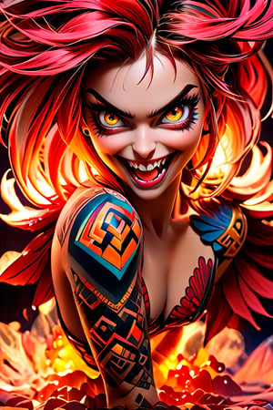 pretty girl, ((face tattooed with geometric patterns)), colorful eyes, hyper realistic masterpiece whith luminous gold and white colors, beautiful 3d realistic anime woman, perfect face, smoky dark atmosphere, hyper realistic masterpiece, hyper realistic 3d anime vampire woman, (showing big fangs) (cute smile), dressed in black and red, ((luminous white hair)), (pale white skin), visible particles, light from behind, hyper realistic detailed lighting, hyper realistic shadows hyper realistic masterpiece, high contrast, sharp focus, digital painting, digital art, clean art, contrast color, contrast, deep intense color, studio lighting, dynamic light, deliberate, concept art, high contrast light, strong backlight, hyper detailed, super detailed 