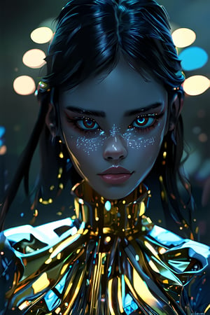 girl, cute, blurry background, glowing, glowing eyes, science fiction, elegant clothes, gold neon, cute