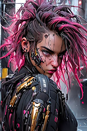 girl, cyberpunk, 8k, highly detailed, sci fi. magenta, black, gold