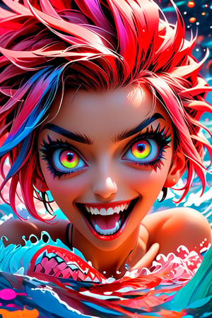 pretty girl, (face tattooed with colorful patterns), colorful eyes, hyper realistic masterpiece in pastel and neon colors, beautiful 3d realistic anime woman, perfect face, smoky atmosphere, hyper realistic masterpiece of a hyper realistic 3d anime vampire woman, showing teeth and fangs in smile, dressed in black and red, with luminous platinum white hair, pale white skin, visible particles, light from behind, hyper realistic detailed lighting, hyper realistic shadows hyper realistic masterpiece, high contrast water pastel color blending, sharp focus, digital painting, pastel blending art, digital art, clean art, contrast color, contrast, colorful, deep intense color, studio lighting, dynamic light, deliberate, concept art, high contrast light, strong backlight, hyper detailed, super detailed