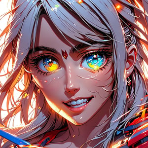 pretty girl, big eyes, hyper realistic masterpiece in pastel and neon colors, beautiful 3d realistic anime woman, perfect face, smoky atmosphere, hyper realistic masterpiece of a hyper realistic 3d anime vampire woman, showing teeth in crazy smile, dressed in black and red, with luminous platinum white hair, pale white skin, visible particles, light from behind, hyper realistic detailed lighting, hyper realistic shadows hyper realistic masterpiece, high contrast water pastel color blending, sharp focus, digital painting, pastel blending art, digital art, clean art, contrast color, contrast, colorful, deep intense color, studio lighting, dynamic light, deliberate, concept art, high contrast light, strong backlight, hyper detailed, super detailed, render, hyper realistic, ultra realistic,Crazy face,urban techwear,Crazy face 