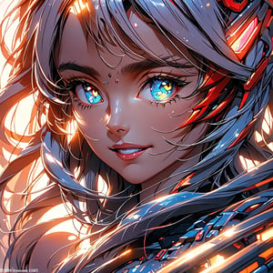 pretty girl, big eyes, hyper realistic masterpiece in pastel and neon colors, beautiful 3d realistic anime woman, perfect face, smoky atmosphere, hyper realistic masterpiece of a hyper realistic 3d anime vampire woman, showing teeth in crazy smile, dressed in black and red, with luminous platinum white hair, pale white skin, visible particles, light from behind, hyper realistic detailed lighting, hyper realistic shadows hyper realistic masterpiece, high contrast water pastel color blending, sharp focus, digital painting, pastel blending art, digital art, clean art, contrast color, contrast, colorful, deep intense color, studio lighting, dynamic light, deliberate, concept art, high contrast light, strong backlight, hyper detailed, super detailed, render, hyper realistic, ultra realistic,Crazy face,urban techwear,Crazy face 