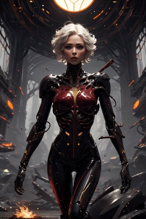 women. (detailed face:1.2), (perfect face), (full body), | (beautiful detailed eyes:1.2), pale skin tone, short long messy white hair with crimson parts, light red eyes with light. dark futuristic tech black shiny space armor with gold and red parts with light. "Create a captivating and highly detailed illustration of a girl immersed in a surreal, post-apocalyptic world with both fantasy and science fiction elements. high quality. hyper realism.

This artwork should encompass elements of bio-robotic art, biomechanical sculpture, and animatrix style design. It displays a perfect blend of organic and mechanical elements. The scene should be rendered with intricate detail, high quality HDR images, and vibrant colors.

Beautifully detailed face, with perfect eyes. The whole composition should be a photo-realistic masterpiece, combining fantasy and science fiction elements into one visually striking piece of art.