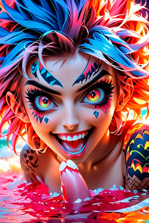 pretty girl, (face tattooed with patterns), colorful eyes, hyper realistic masterpiece in pastel and neon colors, beautiful 3d realistic anime woman, perfect face, smoky atmosphere, hyper realistic masterpiece, hyper realistic 3d anime vampire woman, (showing teeth and big fangs) (cute smile), dressed in black and red, (luminous platinum white hair), (pale white skin), visible particles, light from behind, hyper realistic detailed lighting, hyper realistic shadows hyper realistic masterpiece, high contrast water pastel color blending, sharp focus, digital painting, pastel blending art, digital art, clean art, contrast color, contrast, colorful, deep intense color, studio lighting, dynamic light, deliberate, concept art, high contrast light, strong backlight, hyper detailed, super detailed