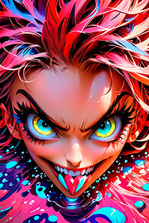pretty girl, (face tattooed with patterns), colorful eyes, hyper realistic masterpiece in pastel and neon colors, beautiful 3d realistic anime woman, perfect face, smoky atmosphere, hyper realistic masterpiece, hyper realistic 3d anime vampire woman, (showing teeth and big fangs) (cute smile), dressed in black and red, (luminous platinum white hair), (pale white skin), visible particles, light from behind, hyper realistic detailed lighting, hyper realistic shadows hyper realistic masterpiece, high contrast water pastel color blending, sharp focus, digital painting, pastel blending art, digital art, clean art, contrast color, contrast, colorful, deep intense color, studio lighting, dynamic light, deliberate, concept art, high contrast light, strong backlight, hyper detailed, super detailed
