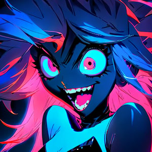 pretty girl, big eyes, hyper realistic masterpiece in pastel and neon colors, beautiful 3d realistic anime woman, perfect face, smoky atmosphere, hyper realistic masterpiece of a hyper realistic 3d anime vampire woman, showing teeth in crazy smile, dressed in black and red, with luminous platinum white hair, pale white skin, visible particles, light from behind, hyper realistic detailed lighting, hyper realistic shadows hyper realistic masterpiece, high contrast water pastel color blending, sharp focus, digital painting, pastel blending art, digital art, clean art, contrast color, contrast, colorful, deep intense color, studio lighting, dynamic light, deliberate, concept art, high contrast light, strong backlight, hyper detailed, super detailed, render, hyper realistic, ultra realistic