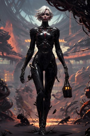 women. (detailed face:1.2), (perfect face), (full body), | (beautiful detailed eyes:1.2), pale skin tone, short long messy white hair with crimson parts, light red eyes with light. dark futuristic tech black shiny space armor with gold and red parts with light. "Create a captivating and highly detailed illustration of a girl immersed in a surreal, post-apocalyptic world with both fantasy and science fiction elements. high quality. hyper realism.

This artwork should encompass elements of bio-robotic art, biomechanical sculpture, and animatrix style design. It displays a perfect blend of organic and mechanical elements. The scene should be rendered with intricate detail, high quality HDR images, and vibrant colors.

Beautifully detailed face, with perfect eyes. The whole composition should be a photo-realistic masterpiece, combining fantasy and science fiction elements into one visually striking piece of art.