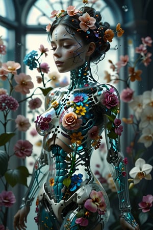 1girl,solo,"Transparent glass female cyborg. Skeleton and organs made of vibrant flowers. Mechanical joints visible. Heart of roses, lungs of hydrangeas, brain of orchids. Flowers spilling from slight cracks. Soft backlighting emphasizing transparency. Elegant pose. Simple futuristic background. Photorealistic style with high detail on glass and floral elements.",Clear Glass Skin,tranzp,Flower queen