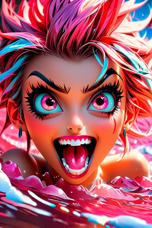 pretty girl, (face tattooed with patterns), colorful eyes, hyper realistic masterpiece in pastel and neon colors, beautiful 3d realistic anime woman, perfect face, smoky atmosphere, hyper realistic masterpiece, hyper realistic 3d anime vampire woman, (showing teeth and big fangs) (cute smile), dressed in black and red, (luminous platinum white hair), (pale white skin), visible particles, light from behind, hyper realistic detailed lighting, hyper realistic shadows hyper realistic masterpiece, high contrast water pastel color blending, sharp focus, digital painting, pastel blending art, digital art, clean art, contrast color, contrast, colorful, deep intense color, studio lighting, dynamic light, deliberate, concept art, high contrast light, strong backlight, hyper detailed, super detailed