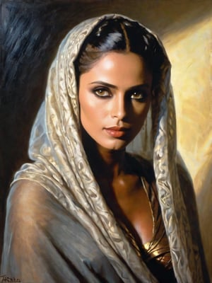 Soft focus. Hyper-realistic, highest resulution possible, side light, full length portrait, a beautiful girl with brown skin, wears a shawl,
 face lit by reflected light, she is strong and beautiful.   style of Frazetta, masterpiece