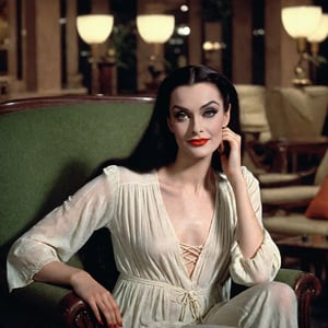 soft focus, low saturation, low contrast, low diffused lighting, photorealistic, highest resolution possible, slight film grain. Night has come. full length portrait of beautiful young Lily Munster relaxing in the lobby at a luxury resort, circa 1980s. She wears a flowing white gossamer garment. She is young and glamorous and strong on this beautiful evening. She is cheerful, with a pleasant expression on her beautiful face. Her skin is not shiny or glossy. Her hands are perfect and smooth.

High resolution, high color, 