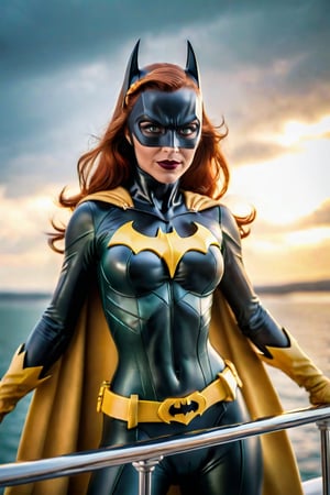 Soft focus. Hyper-realistic full length portrait of Batgirl. Slight grin. Perfectly semetrical green eyes sparkle as she stands at the railing on the deck of a luxury yacht. She is strong and beautiful. Soft lighting from the partly cloudy sky casts a warm glow on her tan skin.,vintage