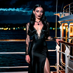 nsfw, soft focus, low saturation, low contrast, diffused lighting, photorealistic, highest resolution possible, captured with Canon R5 and 300mm lens at f/8. Night has come in Jamaica. full length portrait of young Morticia Addams standing at the rail on a luxury yacht. She is strong and sexy on this beautiful Caribbean evening. Her skin is not shiny or glossy. 

High resolution, high color, 