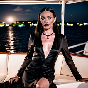 nsfw, soft focus, low saturation, low contrast, low diffused lighting, photorealistic, highest resolution possible, captured with Canon R5 and 300mm lens at f/8. Night has come in Jamaica. full length portrait of young Morticia Addams relaxing on a luxury yacht. She is glamorous, strong on this beautiful Caribbean evening. Her skin is not shiny or glossy. 

High resolution, high color, 