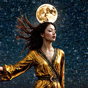 hyper realistic, photographic, Please extrapolate an image from the following lyrics, 
"See her how she flies.
Golden sails across the sky.
Close enough to touch, but
careful if you try, 
though she looks as warm as gold.
The moon's a harsh mistress.
She's hard to call your own."