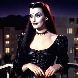 soft focus, full color, low saturation, low contrast, low diffused lighting, photorealistic, highest resolution possible, slight film grain. Night has come. beautiful young Lily Munster is relaxing on the balcony at a luxury Hollywood hotel, circa 1980s. She is young and glamorous and strong. cheerful, with a pleasant expression on her beautiful face. Her skin is not shiny or glossy. Her hands are perfect and smooth. She has only one head.

High resolution, high color, 