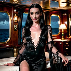 nsfw, soft focus, low saturation, low contrast, low diffused lighting, photorealistic, highest resolution possible, captured with Canon R5 and 300mm lens at f/8. Night has come in Jamaica. full length portrait of young Morticia Addams relaxing in her stateroom on a luxury yacht. She wears a black negligee. She is young and glamorous and strong on this beautiful Caribbean evening. Her skin is not shiny or glossy. Her hands are perfect and smooth.

High resolution, high color, 