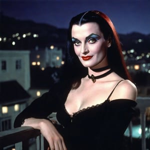 soft focus, full color, low saturation, low contrast, low diffused lighting, photorealistic, highest resolution possible, slight film grain. Night has come. beautiful young Lily Munster is relaxing on the balcony at a luxury Hollywood hotel, circa 1980s. She is young and glamorous and strong. cheerful, with a pleasant expression on her beautiful face. Her skin is not shiny or glossy. Her hands are perfect and smooth. She has only one head.

High resolution, high color, 