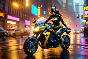 In a dreamlike atmosphere, Rembrandt-like lighting casts warm, golden hues on the dark, misty streets of Gotham City. Batgirl, with flawless, photorealistic skin texture, rides her Honda Hurricane in low-contrast, soft focus. Her figure is rendered in stunning detail against the vibrant, saturated colors of the night cityscape, where neon lights and cityscapes blur together in a kaleidoscope of color magic.