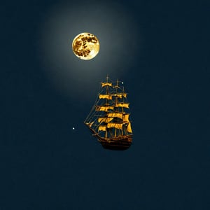 hyper realistic, photographic, Please extrapolate an image from the following lyrics, 
"See her how she flies.
Golden sails across the sky.
Close enough to touch, but
careful if you try, 
though she looks as warm as gold.
The moon's a harsh mistress.
She's hard to call your own."