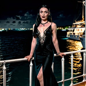 nsfw, soft focus, low saturation, low contrast, diffused lighting, photorealistic, highest resolution possible, captured with Canon R5 and 300mm lens at f/8. Night has come in Jamaica. full length portrait of young Morticia Addams standing at the rail on a luxury yacht. She is strong and sexy on this beautiful Caribbean evening. Her skin is not shiny or glossy. 

High resolution, high color, 