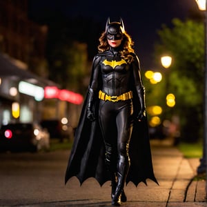 chiaroscuro, soft focus, full length body portrait, high skin detail, shot with canon 5d mk iv, 100mm lens, f/8, iso 5000. It is a lovely night. Batgirl walking away. Her body is strong and lithe.  very deep shadows, medium bloom

High detailed , Color magic, Saturated colors,