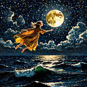 hyper realistic, photographic, Please extrapolate an image from the following lyrics, 
"See her how she flies.
Golden sails across the sky.
Close enough to touch, but
careful if you try, 
though she looks as warm as gold.
The moon's a harsh mistress.
She's hard to call your own."