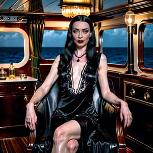 nsfw, soft focus, low saturation, low contrast, low diffused lighting, photorealistic, highest resolution possible, captured with Canon R5 and 300mm lens at f/8. Night has come in Jamaica. full length portrait of young Morticia Addams relaxing in her stateroom on a luxury yacht. She wears a black negligee. She is glamorous, strong on this beautiful Caribbean evening. Her skin is not shiny or glossy. 

High resolution, high color, 