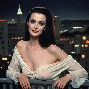 soft focus, full color, low saturation, low contrast, low diffused lighting, photorealistic, highest resolution possible, slight film grain. Night has come. beautiful young Lily Munster relaxing on the balcony at a luxury Hollywood hotel, circa 1980s. She wears a flowing white gossamer garment. She is young and glamorous and strong on this beautiful evening. She is cheerful, with a pleasant expression on her beautiful face. Her skin is not shiny or glossy. Her hands are perfect and smooth. Of particular interest is the fact that she has only one head.

High resolution, high color, 