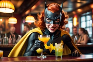 surrealistic,, photorealism, perfect skin texture, Rembrandt light, soft focus, full figure, Batgirl, slightly grinning, having a cocktail in a bar. People are laughing, talking, having a good time.  low contrast.
,hustler,High detailed ,Color magic,Saturated colors,Color saturation ,DonMW15pXL