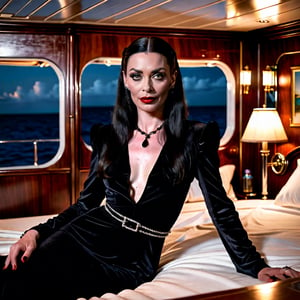 nsfw, soft focus, low saturation, low contrast, low diffused lighting, photorealistic, highest resolution possible, captured with Canon R5 and 300mm lens at f/8. Night has come in Jamaica. full length portrait of young Morticia Addams relaxing in her stateroom on a luxury yacht. She is glamorous, strong on this beautiful Caribbean evening. Her skin is not shiny or glossy. 

High resolution, high color, 