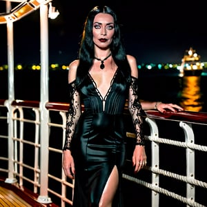 nsfw, soft focus, low saturation, low contrast, diffused lighting, photorealistic, highest resolution possible, captured with Canon R5 and 300mm lens at f/8. Night has come in Jamaica. full length portrait of youthful Morticia Addams standing at the rail on a luxury yacht. She is strong and sexy on this beautiful Caribbean evening. Her skin is not shiny or glossy. 

High resolution, high color, 