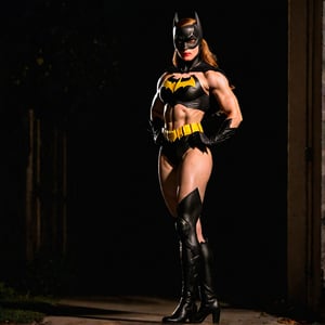 chiaroscuro, soft focus, full length body portrait, high skin detail, shot with canon 5d mk iv, 100mm lens, f/8, iso 5000. It is a lovely night. Batgirl shows off her muscular glutes. Her body is strong and lithe.  very deep shadows, medium bloom

High detailed , Color magic, Saturated colors,