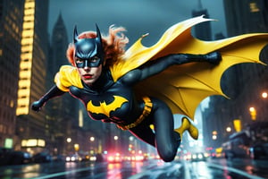 surrealistic,, photorealism, perfect skin texture, Rembrandt light, soft focus, full figure, Flying Batgirl in Gotham City at night.  low contrast.
High detailed ,Color magic,Saturated colors,Color saturation ,DonMW15pXL